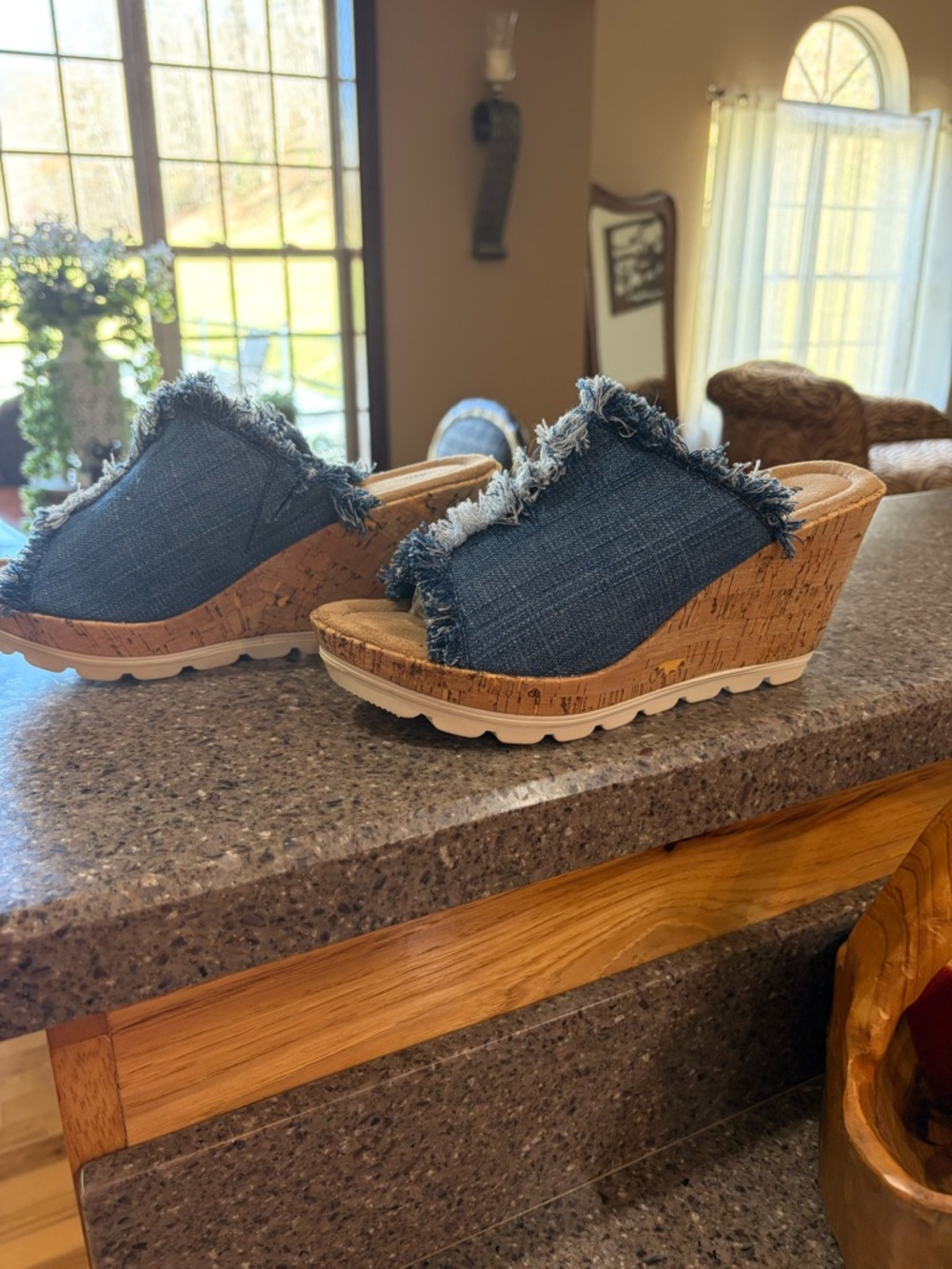 Minnetonka Frayed Denim Cork Wedge Slides - never wore
